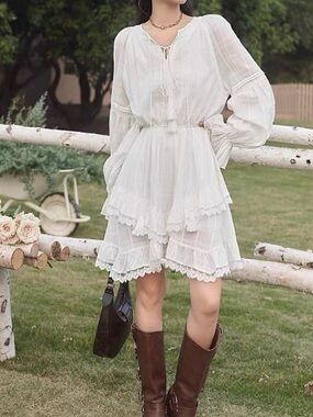 White Lace-Trim Tiered Mini Dress